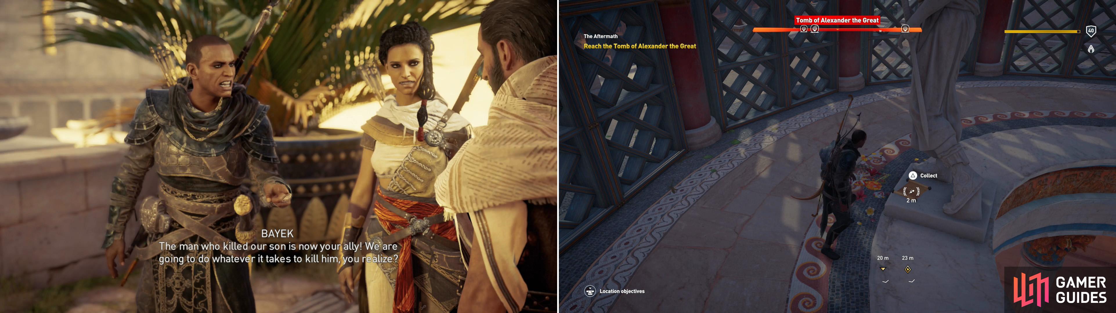 After being snubbed by Cleopatra, Aya and Bayek will vent their frustration on Apollodorus (left). Grab the "Ray of Hope" Papyrus Puzzle scroll from the Tomb of Alexander (right).