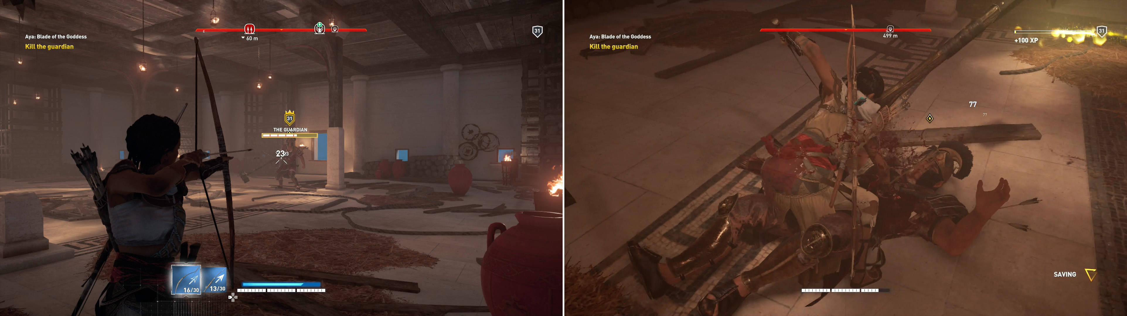 The Guardian has no answer for ranged attacks (left), which you can use to charge your Overpower attacks (right).