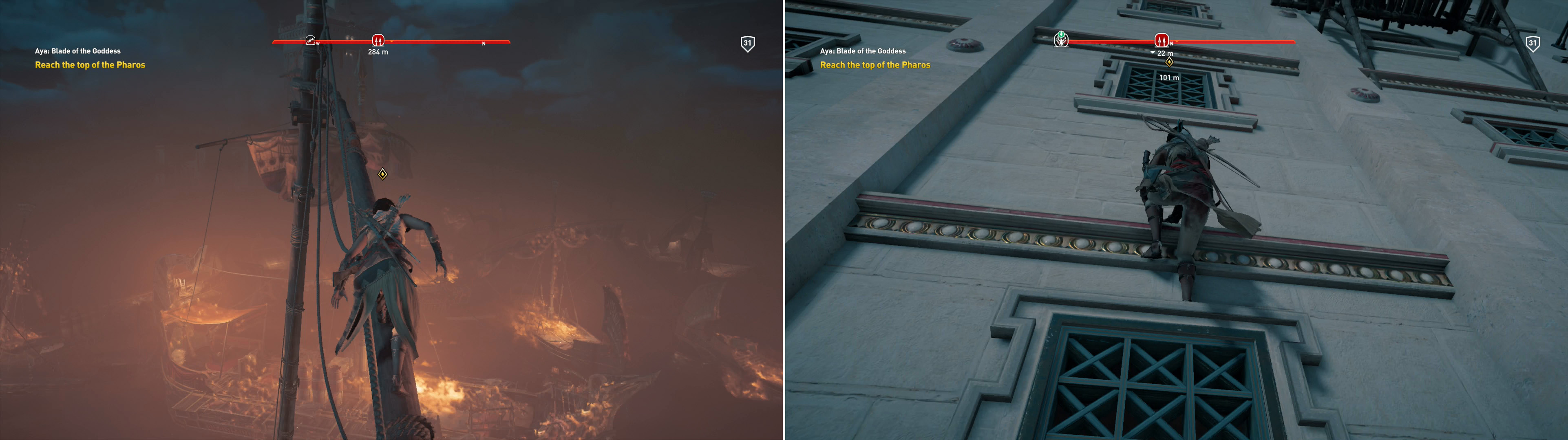 Cross over the masts of a burning fleet (left), then climb the Pharos (right).