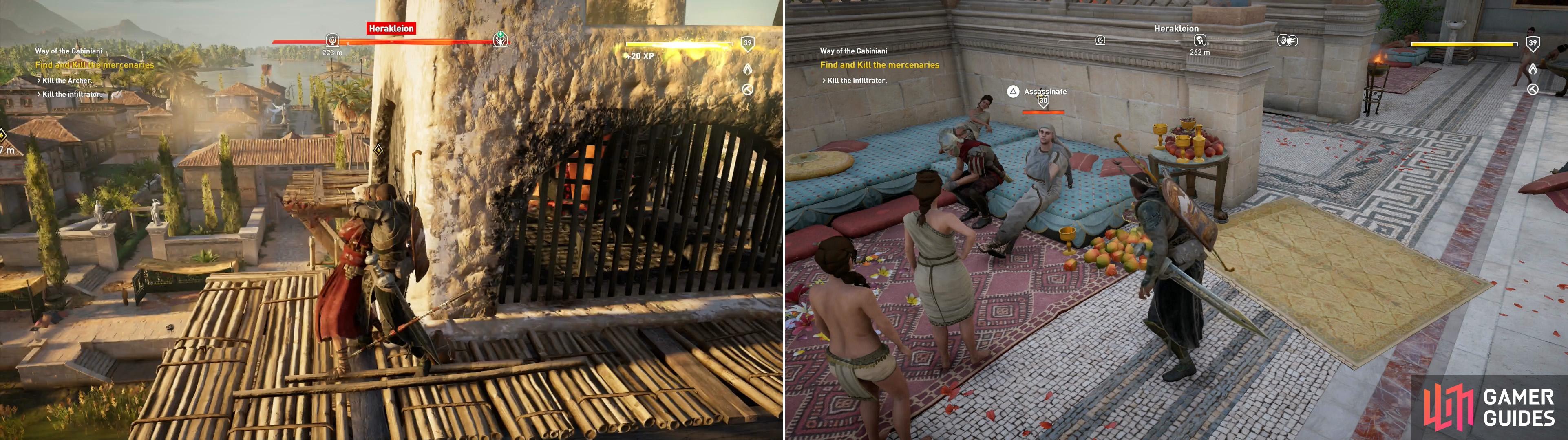 Climb a tower to kill the archer (left), then infiltrate the party to find the assassin disguised as a woman (right).