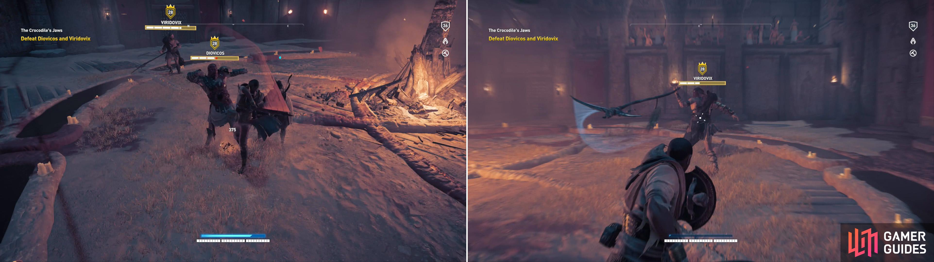 Diovicos can be lured from his brother, where he's susceptible to hit-and-run heavy attacks (left). Viridovix is slower than his brother, but has superior attack range (right).