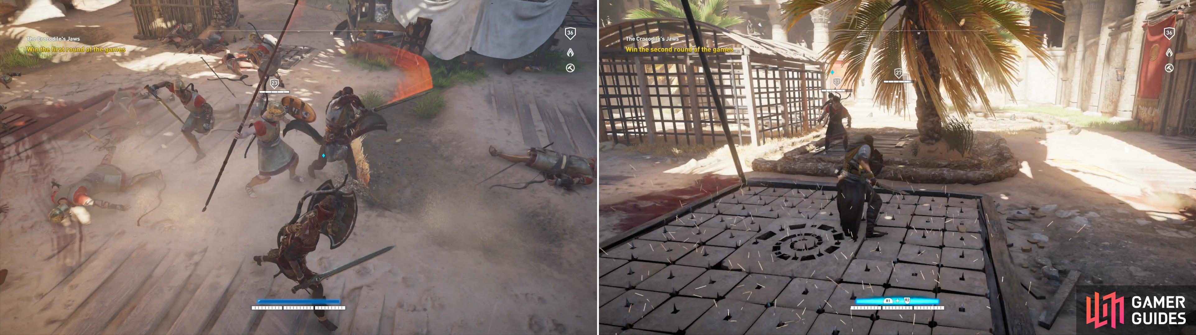 Kensa and Bayek will need to fight through waves of enemies (left). The enemies are threat enough, but the arena is also littered with traps (right).