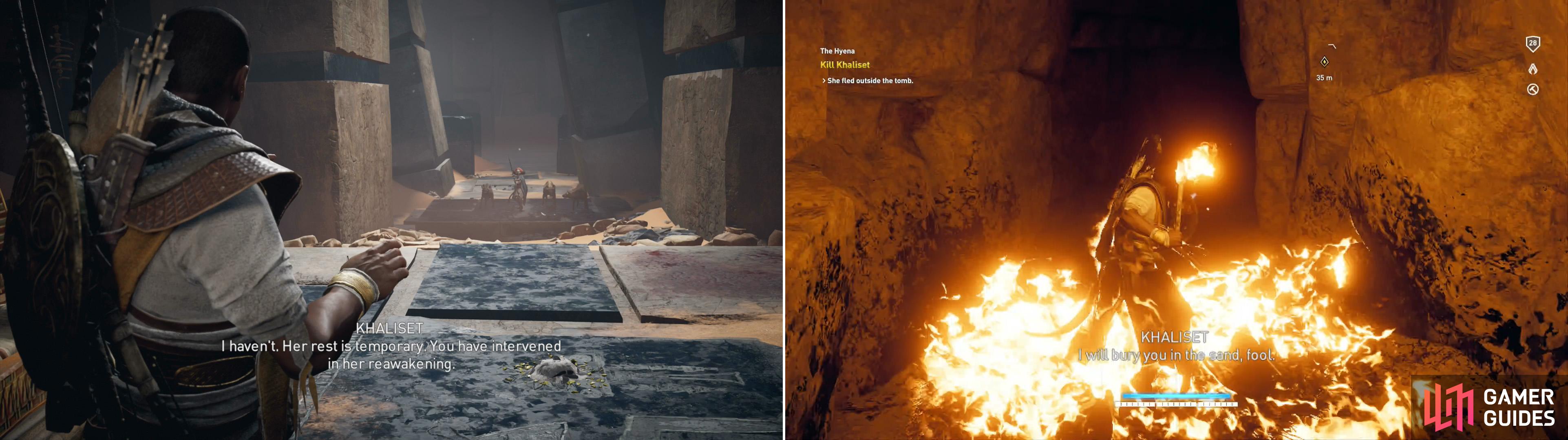 Bayek will encounter Khaliset - The Hyena - in the depths of the tomb (left). Chase after her, but be wary of her traps (right).
