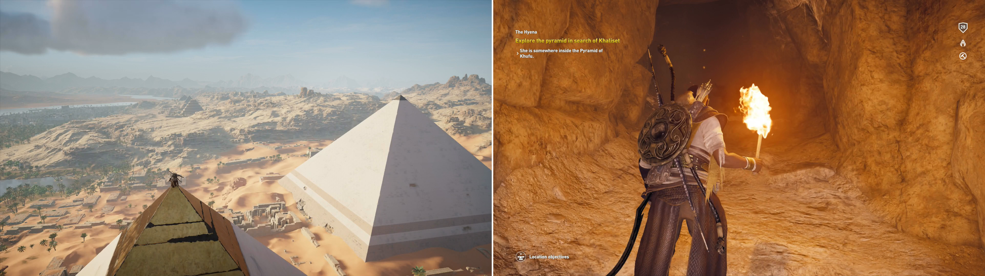 The top of the Tomb of Khufu is a fast travel point… and also a hell of a view (left). After synchronizing with the pyramid, enter the darkness of the tomb (right).