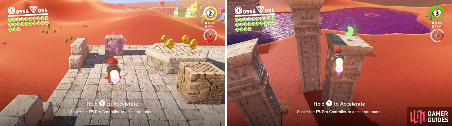 You not only need the Bullet Bills to break open the stone blocks (left), but to also fly over large gaps (right).