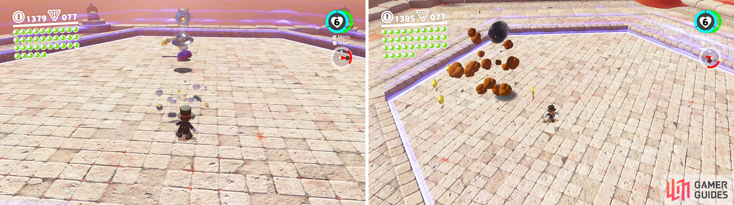Not only can you toss back the bombs on the ground (left), but even the ones when shes in the air (right).
