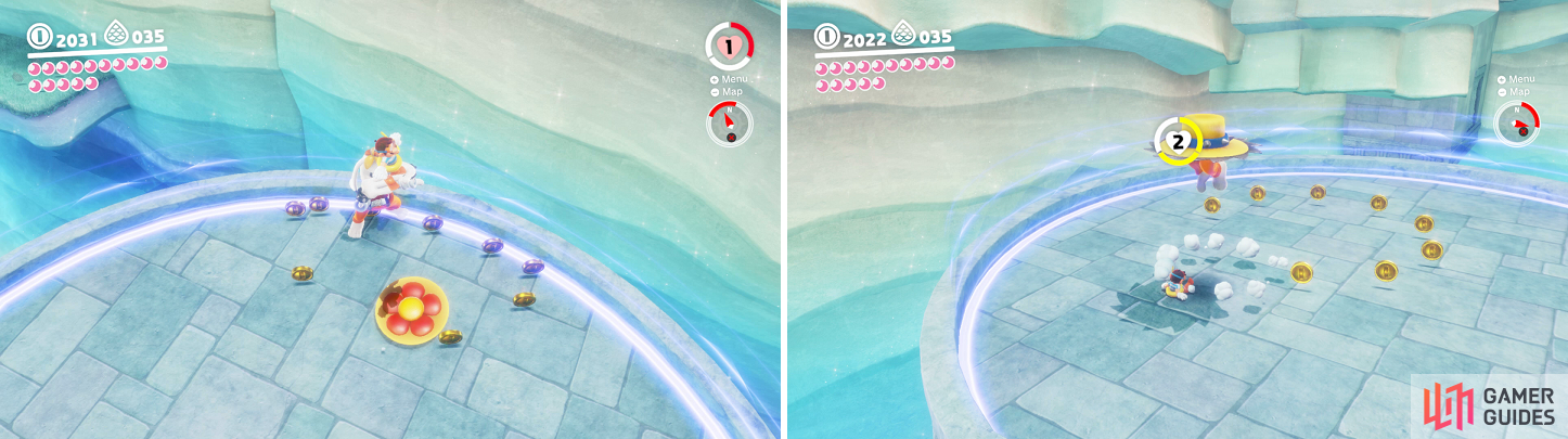 After hitting his hat, you can use it to bounce on Rangos head (left). Keep moving to avoid Rangos bouncing (right).