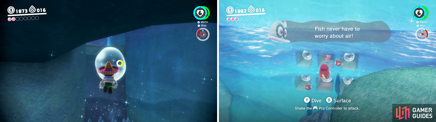 Bubbles can replenish your air supply while underwater (left). Of course, capturing a Cheep Cheep negates having to breathe (right).