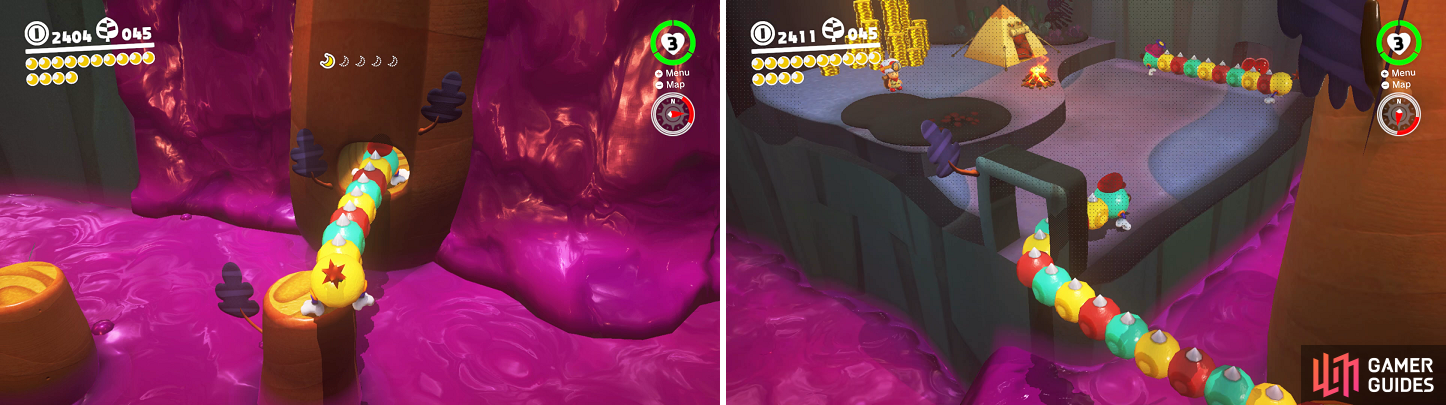 There is a Moon Shard hidden inside a tree (left). You'll need a Wiggler to reach the hidden area with Captain Toad (right).