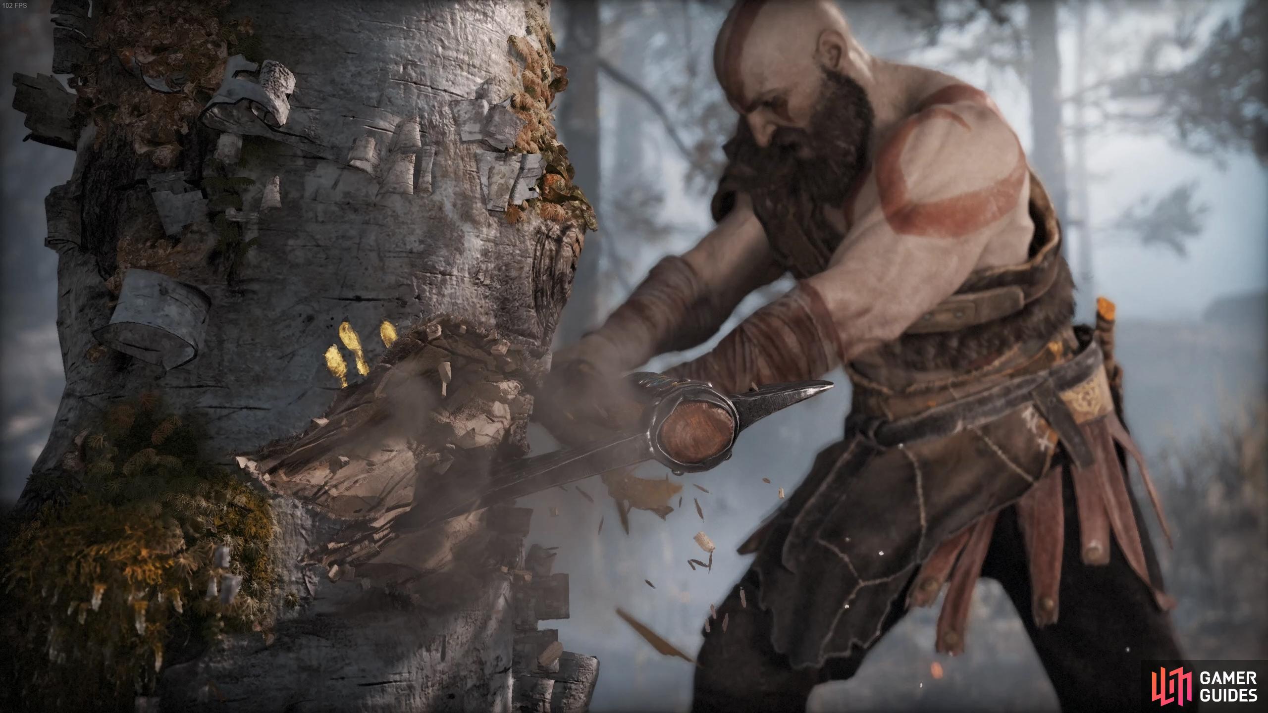 Although a cinematic, you'll still need to help Kratos fell the tree with the R1 or Mouse 1 buttons.