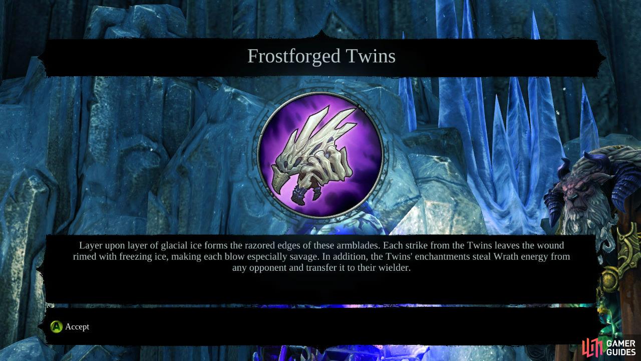 Return to Ostegoth, after a short scene you will get a message indicating he has sent you an item. Check the nearby serpent tome to see he has sent you a legendary secondary weapon – Frostforge Twins. Huzzah! Oh, youve also reached the end of the DLC, congratulations!