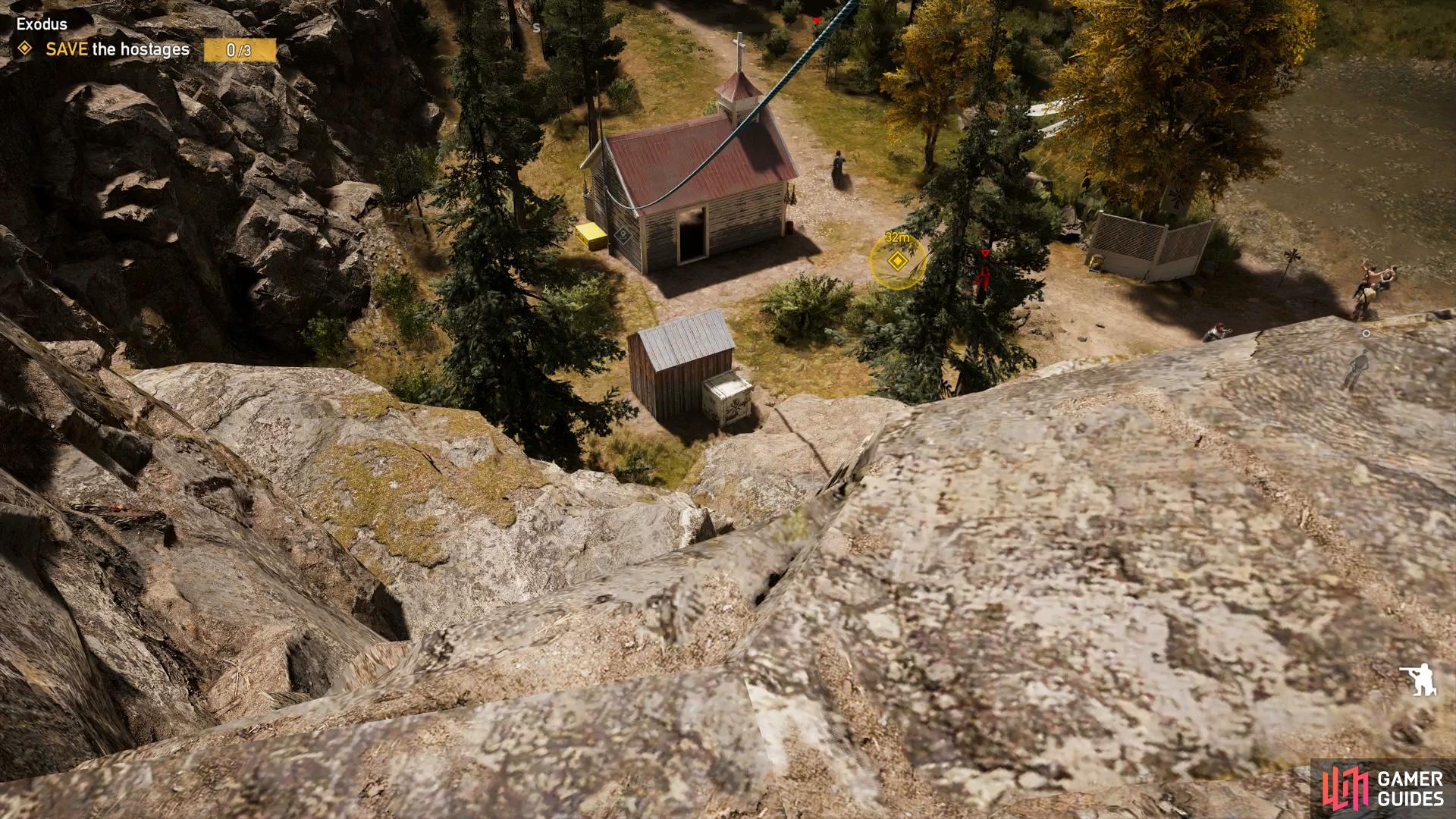 Take the zipline down to approach silently