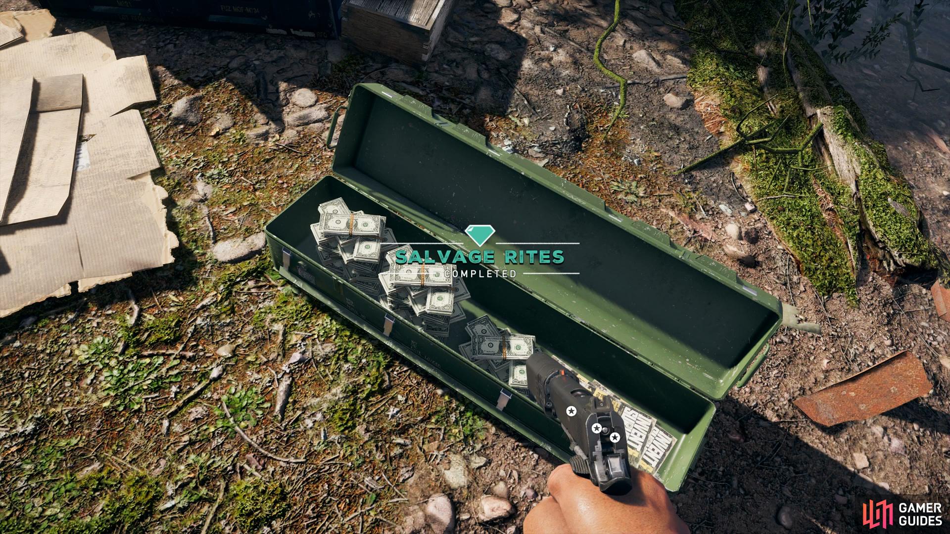return to the camp and open the lockbox to find the stash.