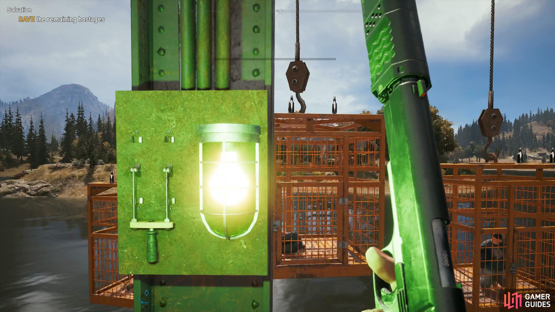 use the switch up top to release the hostage in the cage.