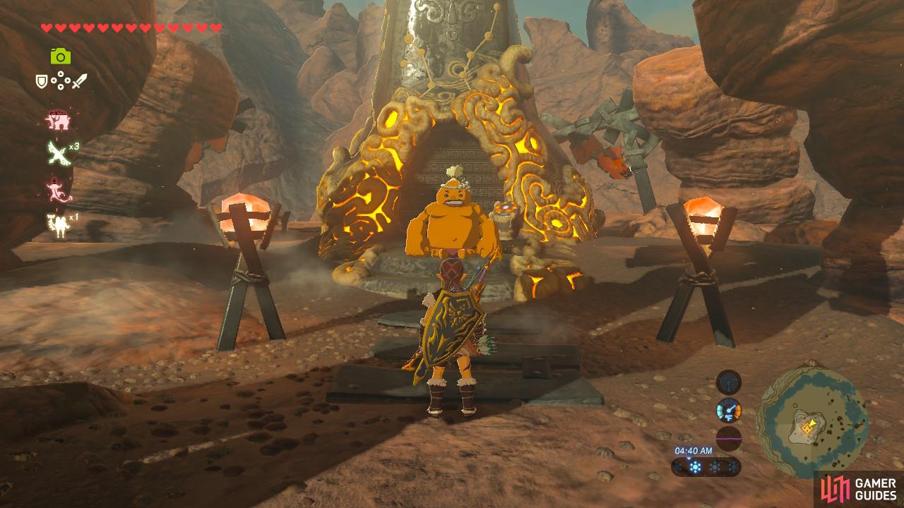 The Goron here won't let you onto the Shrine until you complete the challenge
