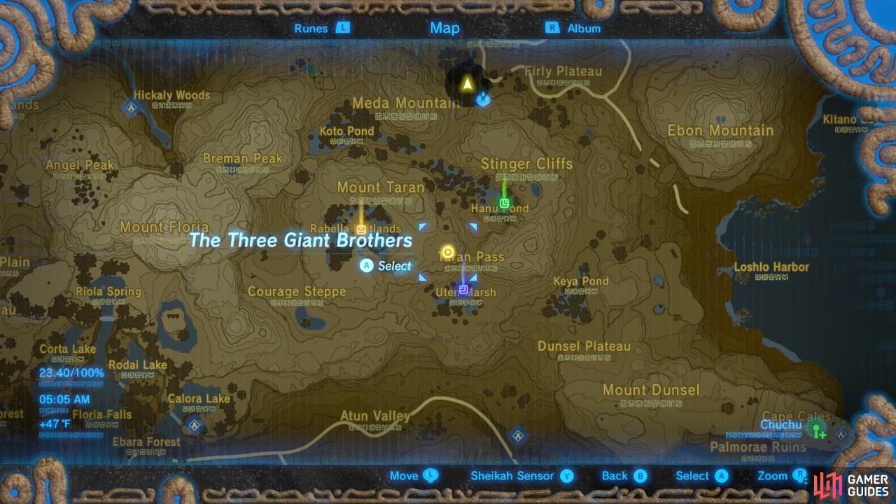 This map shows exactly where to find the shrine as well as each of the Hinox Brothers.
