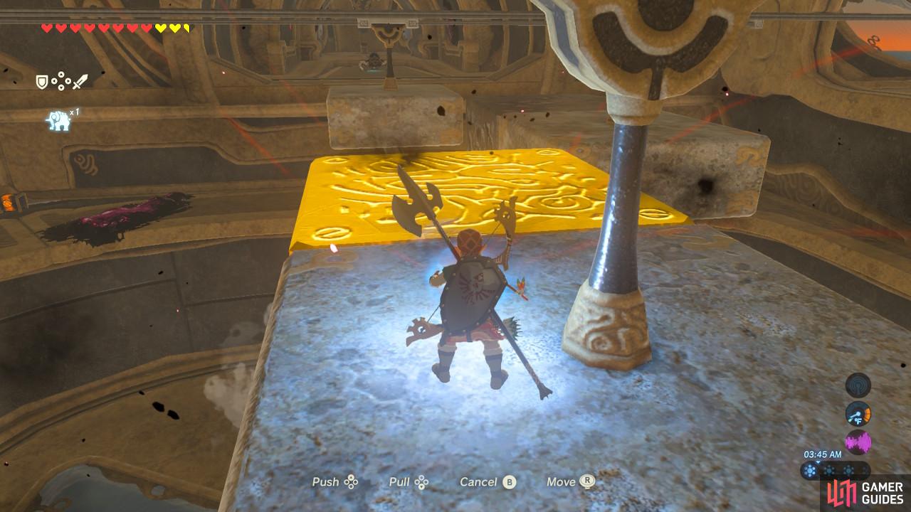 Pull the block towards you, then run diagonally to the next platforms