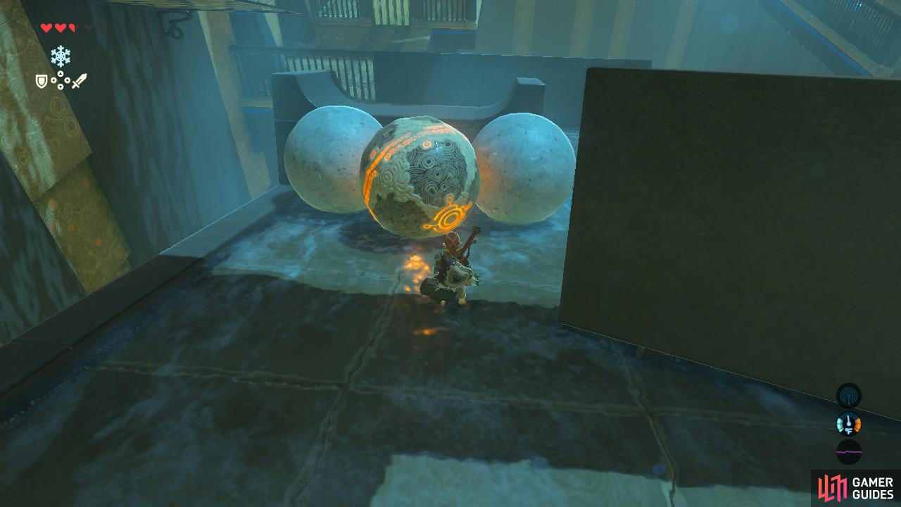 The glowing puzzle ball should come to rest here