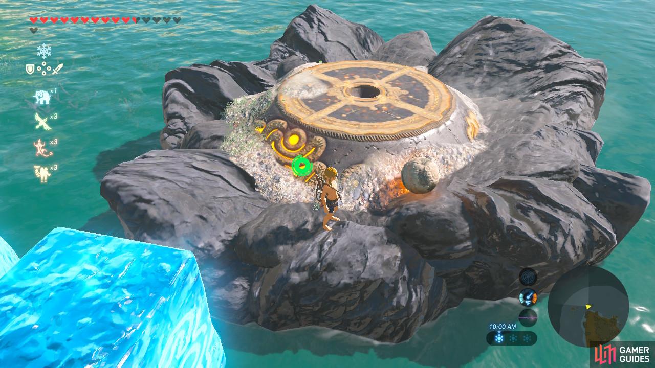 Throw the orb into the rock holding the pedestal, and then jump off your ice block to follow