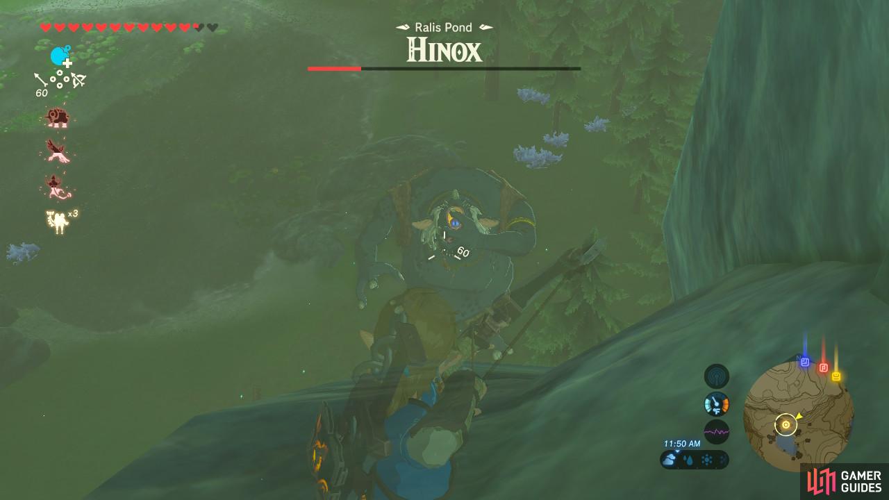 If you stand here, you can attack the Hinox and it cannot attack you back. Brutal!