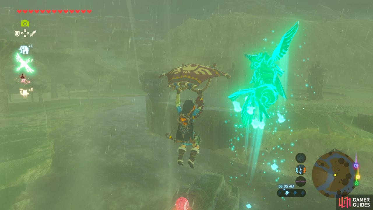We used Revali's Gale to get to the top of the statue since it's raining.