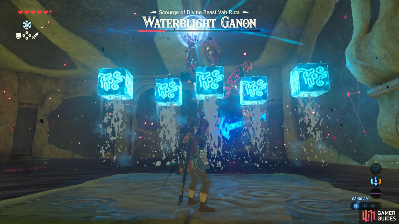 Waterblight Ganon will launch either one or five ice blocks at you