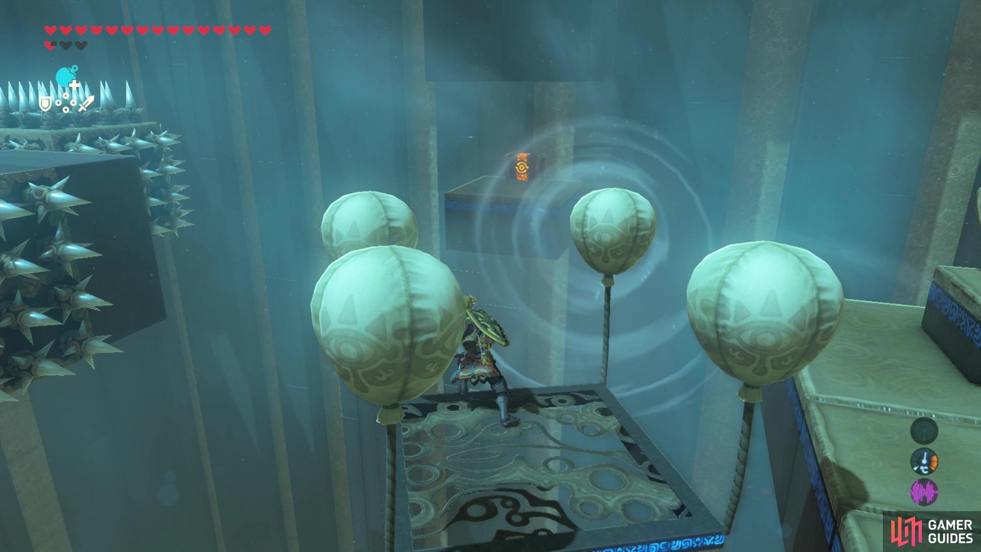 Use the second platform on balloons to grab the treasure