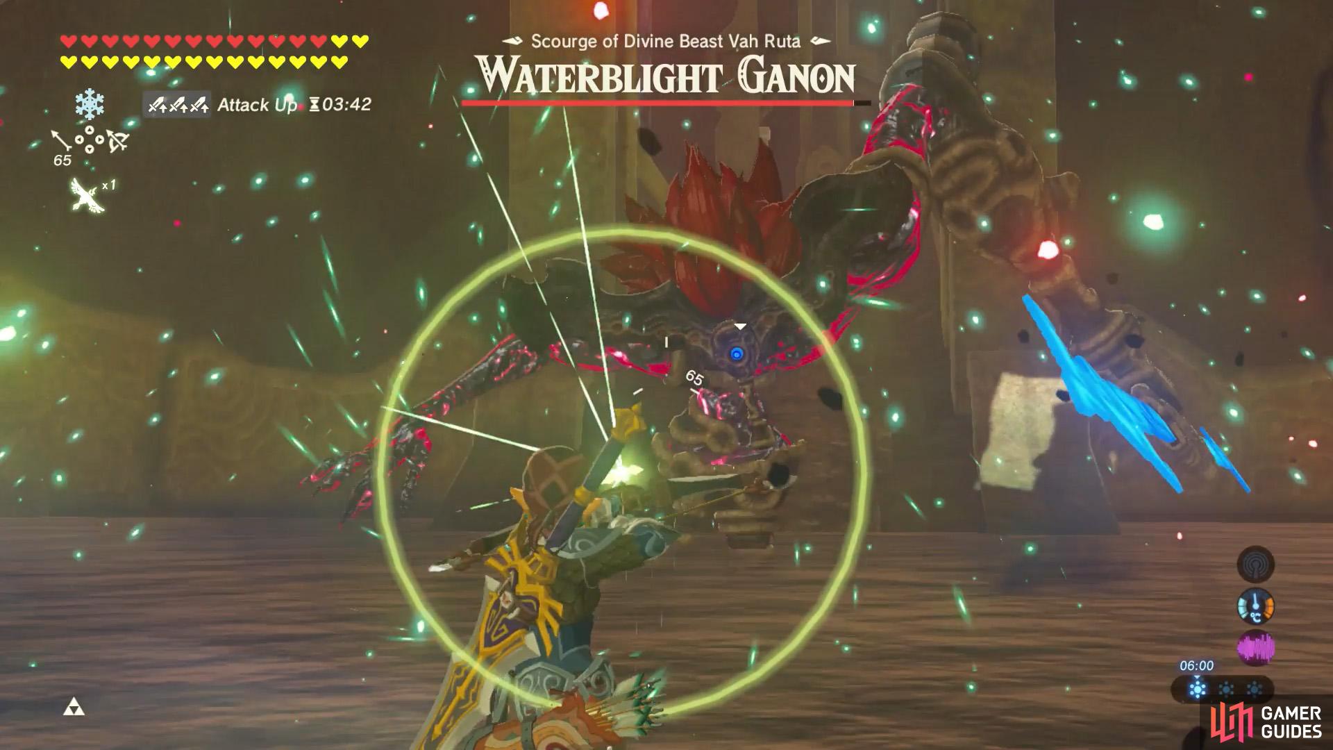 Waterblight Ganon fights with a humongous lance. We suggest attacking from afar.