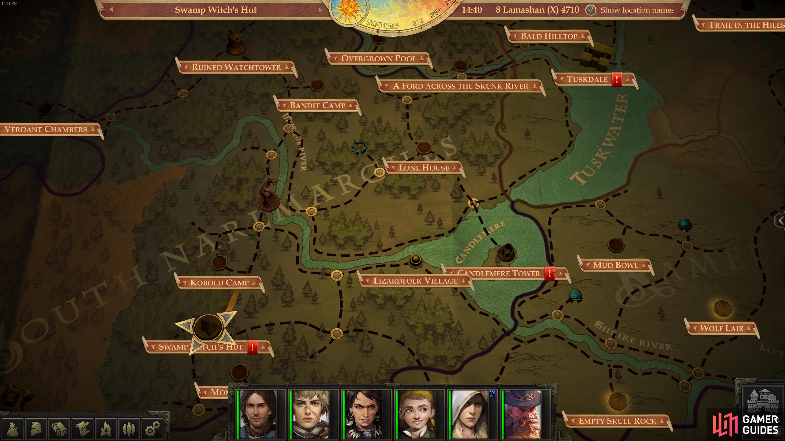 The location of Swamp Witch's Hut (bottom left) in relation to your capital (top right).