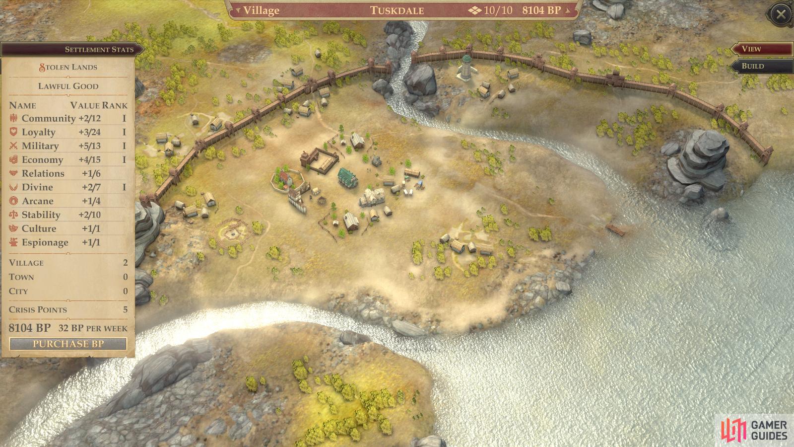 In the settlement screen you can queue buildings and check out the settlement's stats.