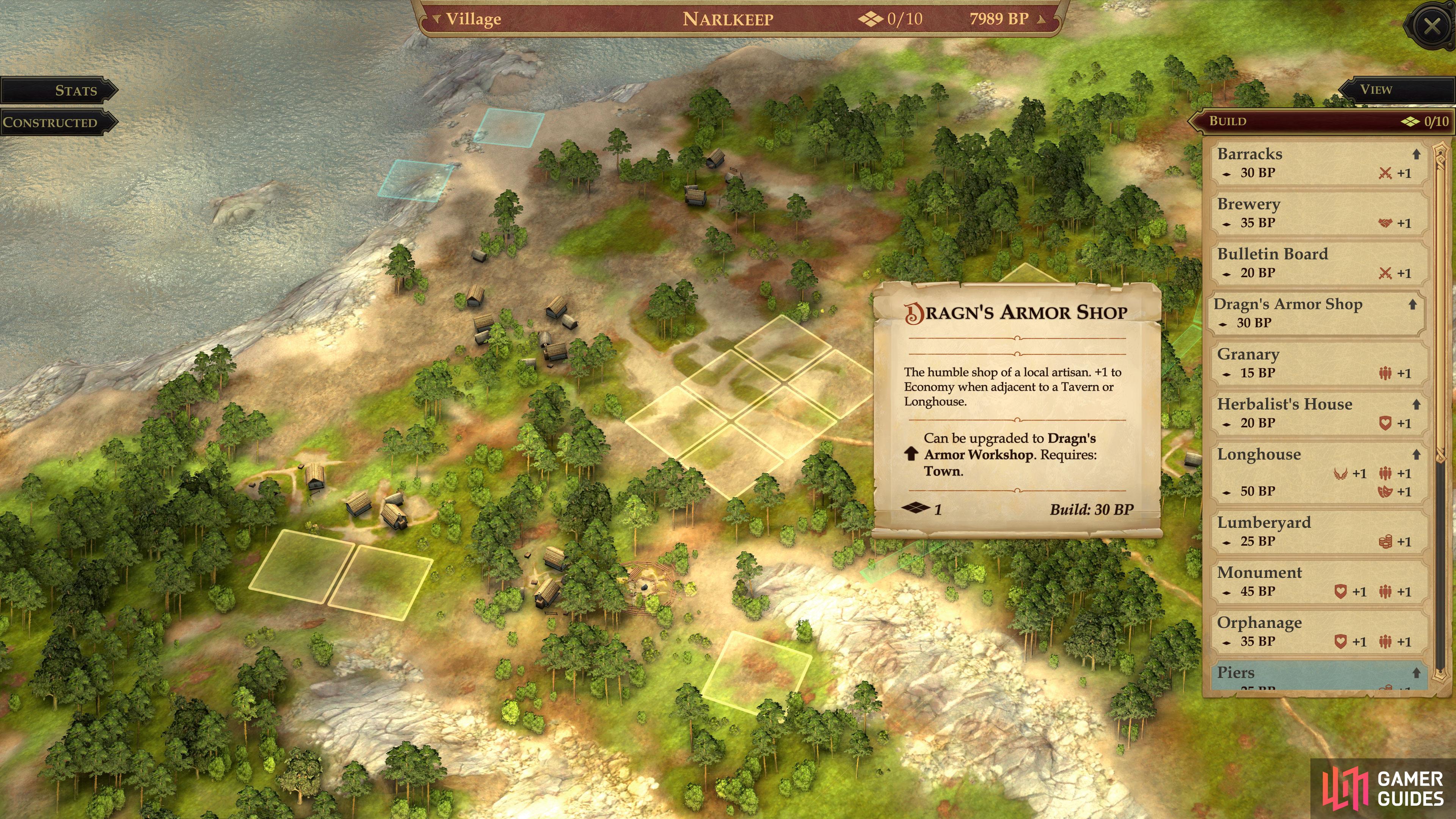 then build "Dragn's Armor Shop" to appease the demanding dwarf.