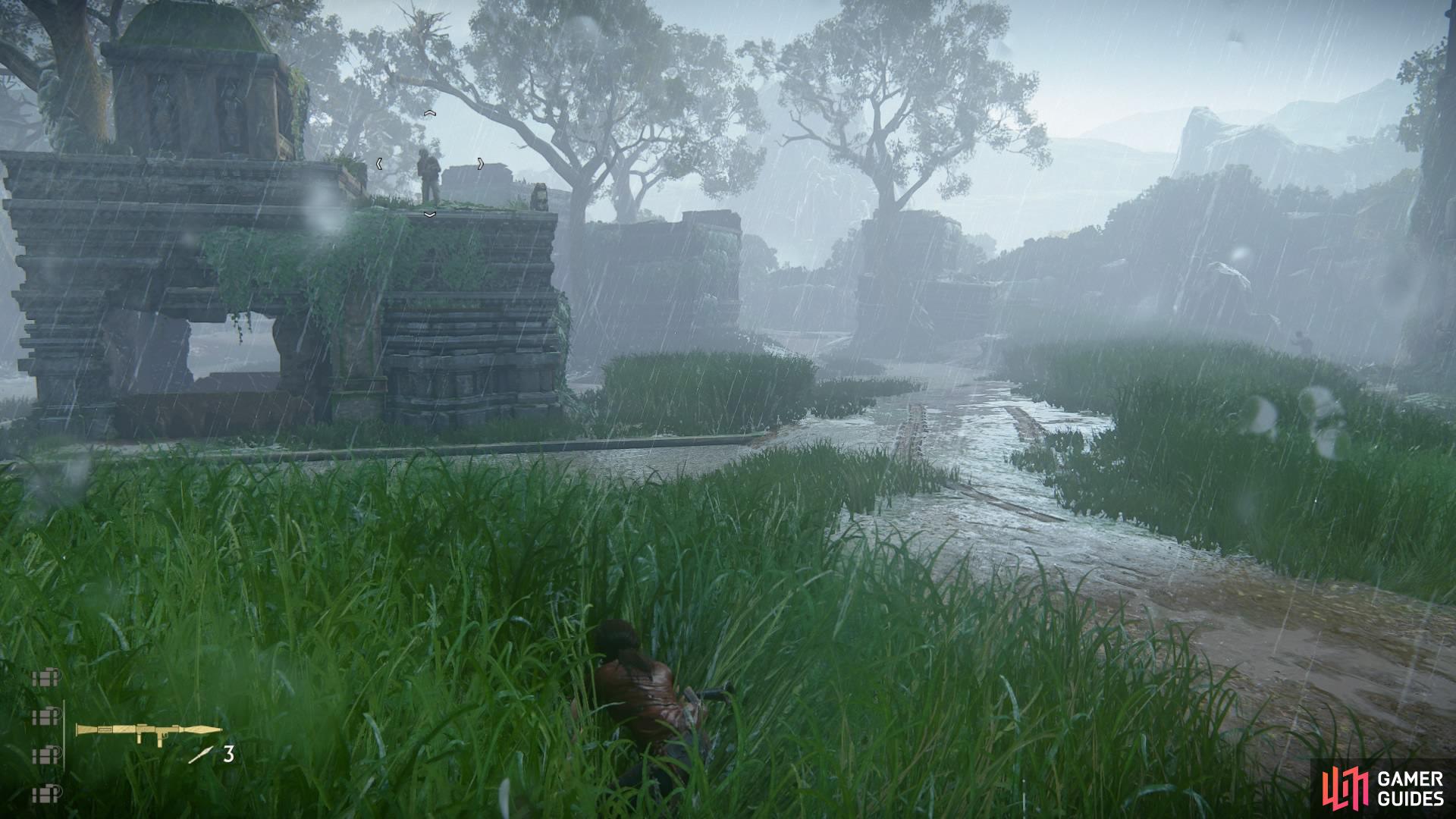 Use the long grass to sneak around the right side of the ruins