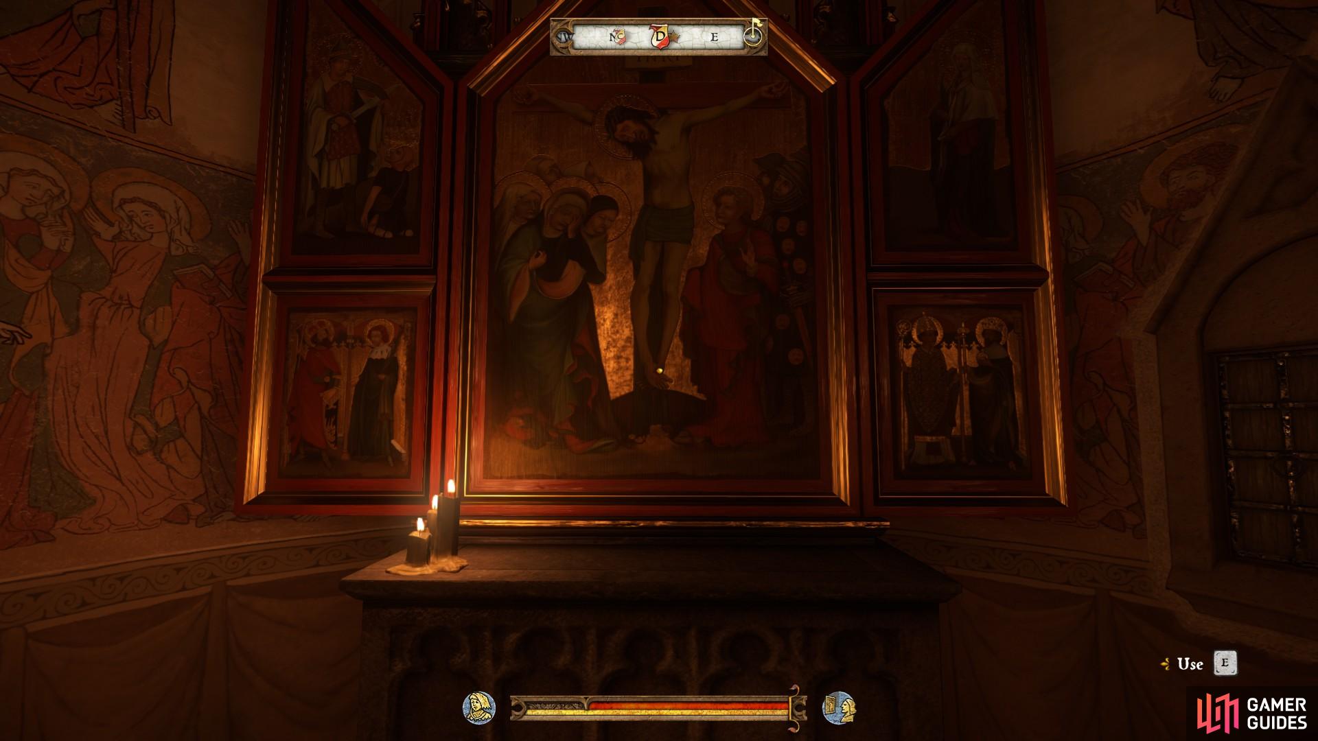Wait in the church until night falls, at which point you will be able to use the altar to trigger a cut scene.