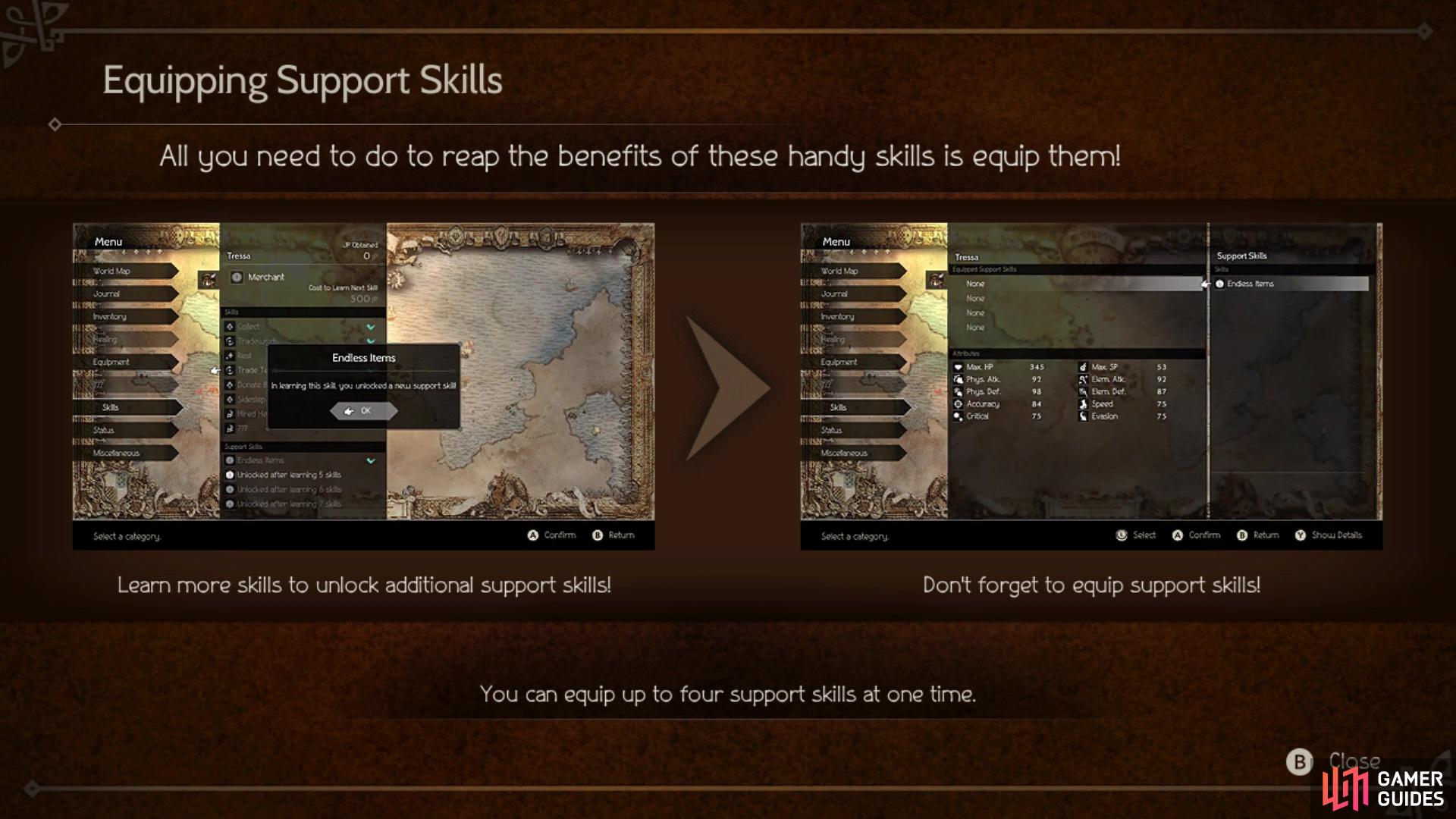 Don't forget to equip support skills once you've learned them