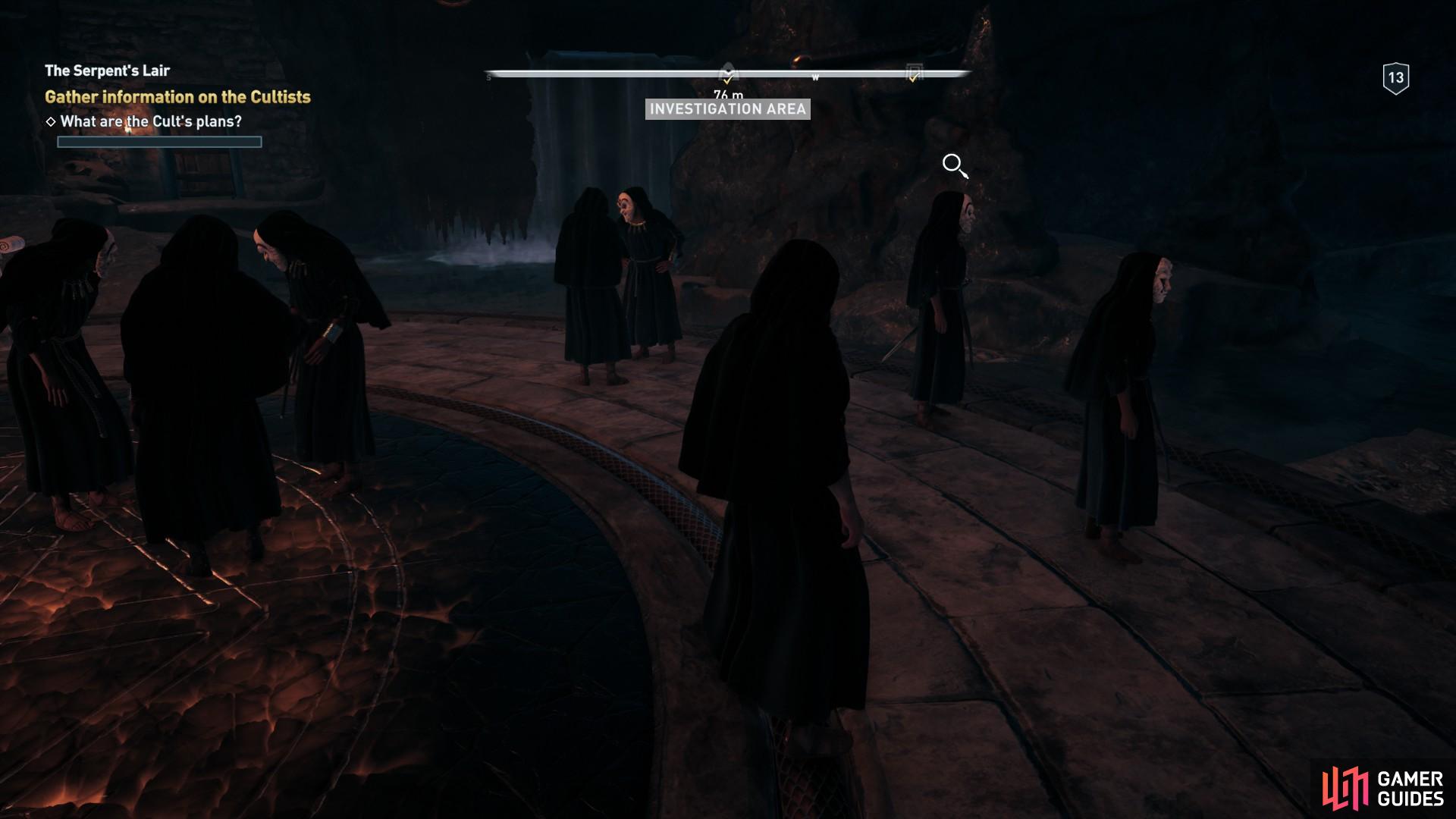 Walk towards the two cultists who have a search icon above their head and speak with them.