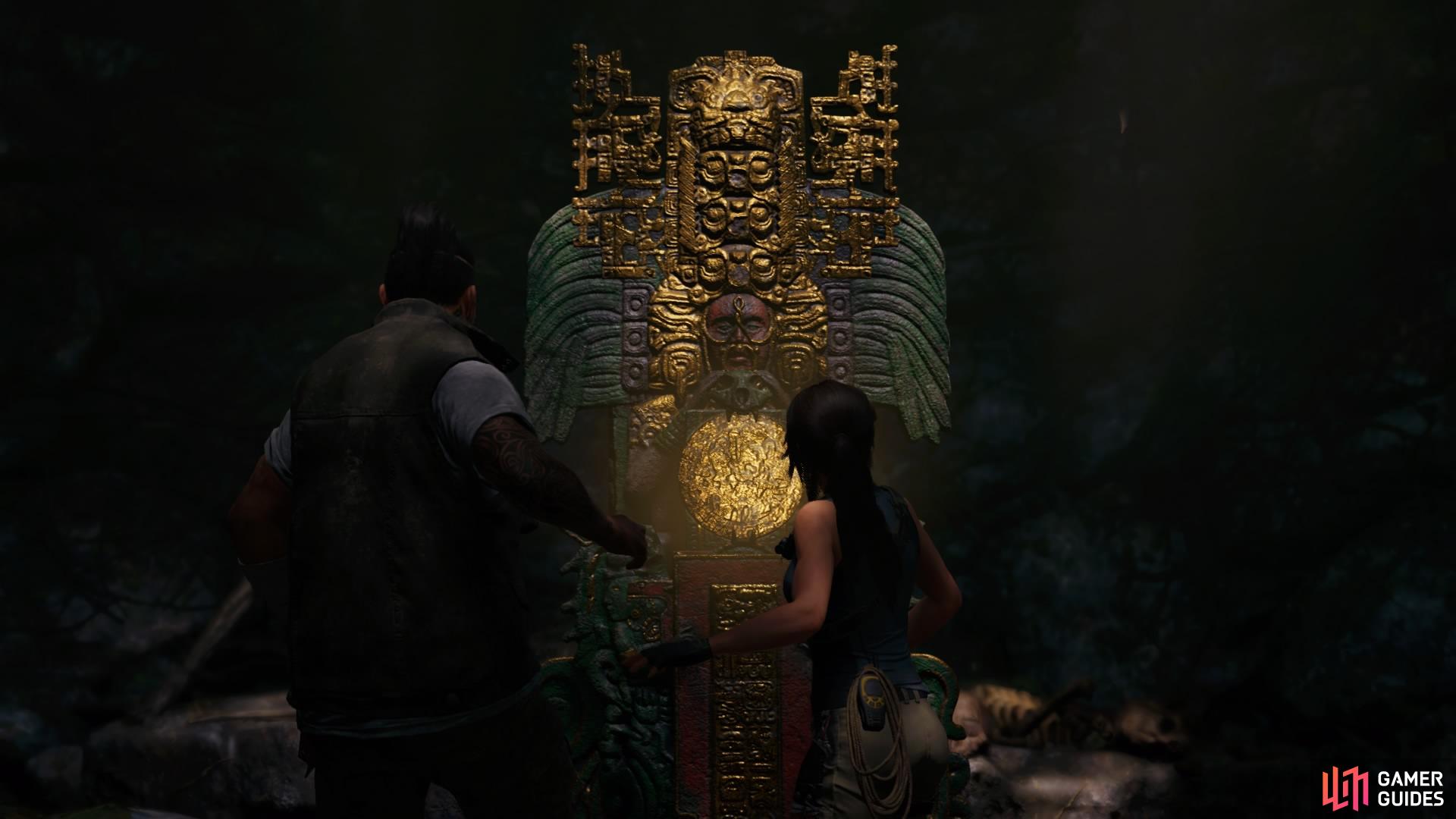 Lara will automatically interact with the stele
