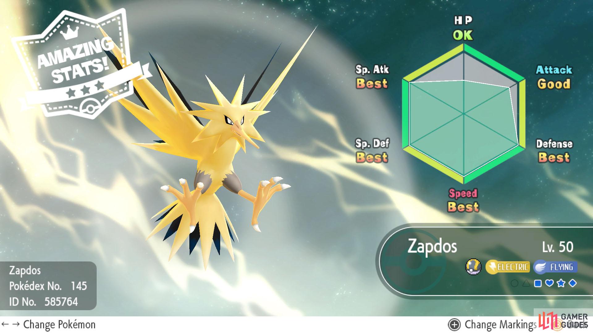This Zapdos we caught has max IVs in four stats. Not too shabby!