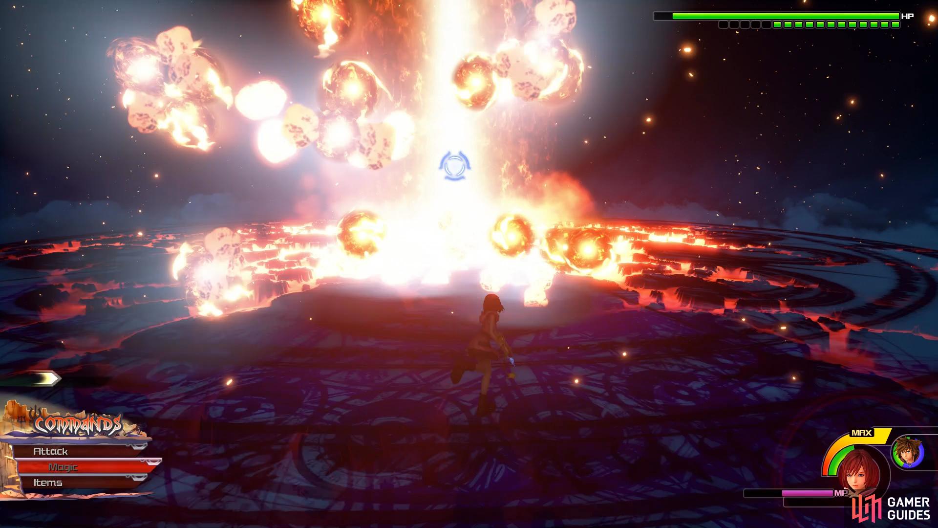watch out for his Fireballs and Keyblade strikes while running around the edges