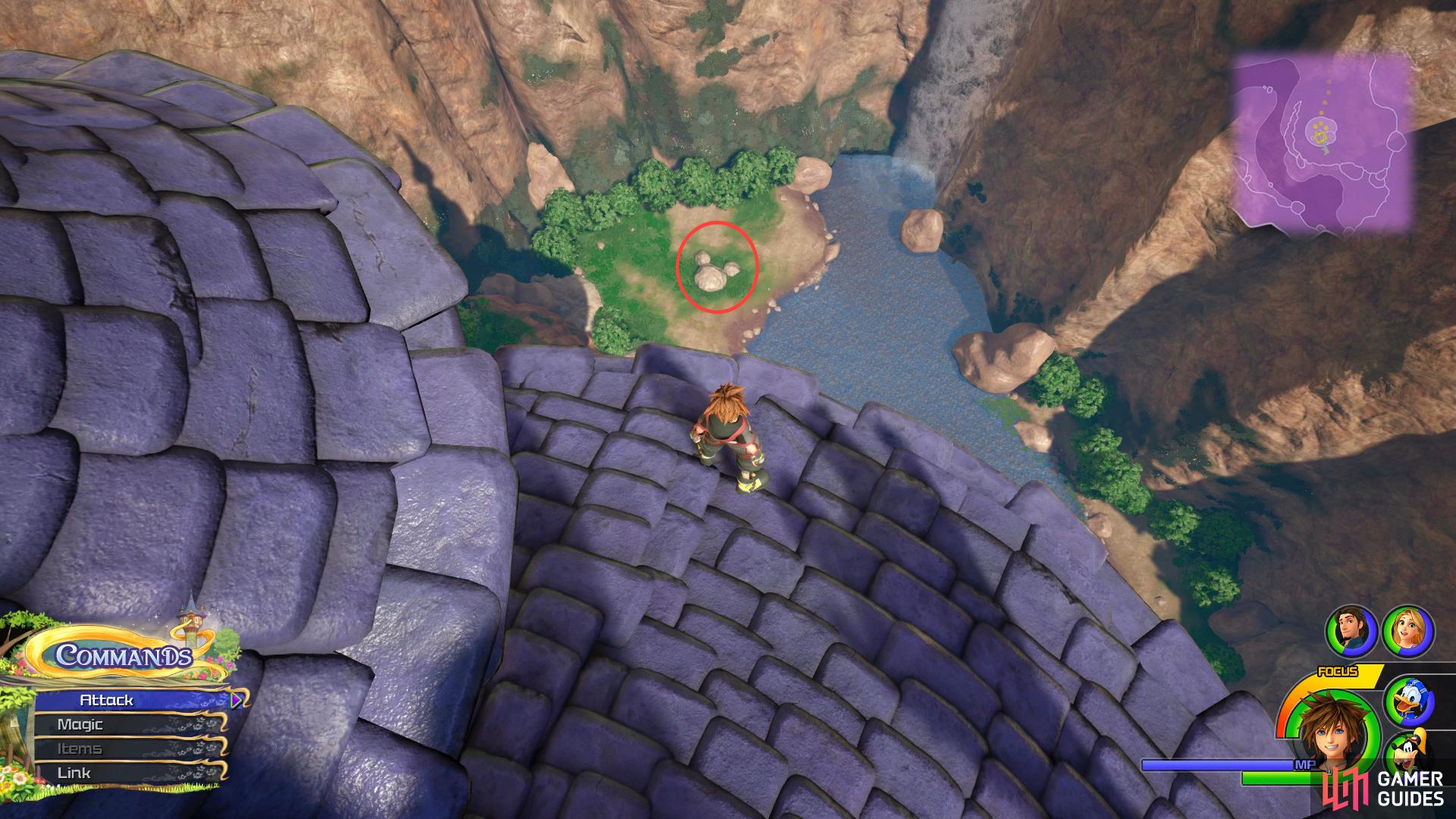 Climb the Tower to spot the Lucky Emblem on the ground.