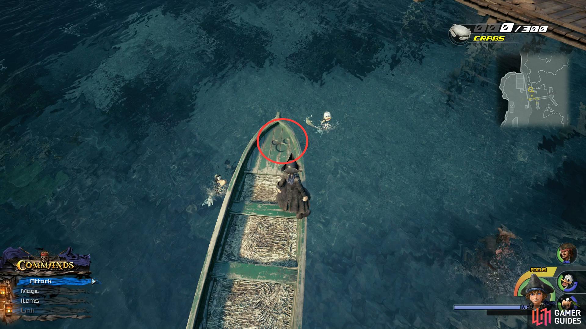You'll find the first Lucky Emblem on the rowboat near the Leviathan