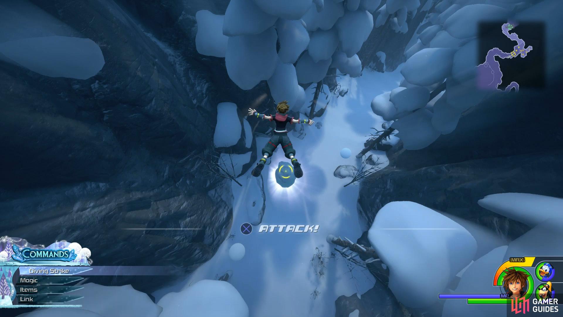 smash the ice while falling to reveal a chest.