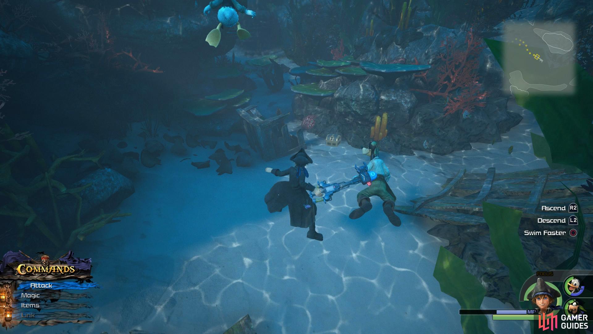 Search underwater to the southwest of the central platform.