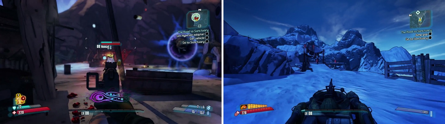 Nomads are definitely one of the stronger bandits (left), who can take a lot of punishment due to their beefy health. Driving a vehicle in Borderlands 2 (right) can be tricky, thanks to its controls.