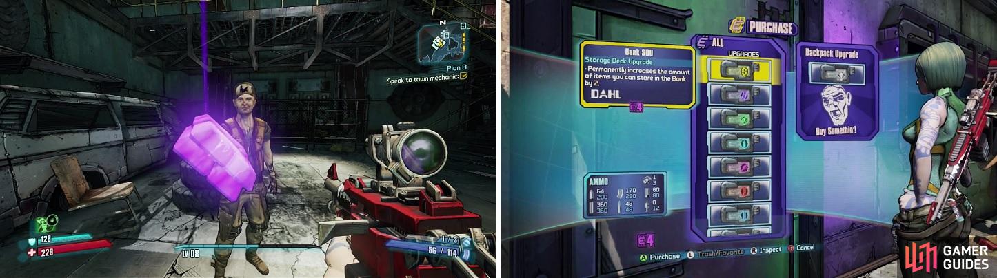 Eridium (left) is a very valuable resource on Pandora. You can use it to purchase permament character upgrades at the Black Market (right).