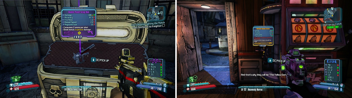 The Golden Chest in Sanctuary (left) can get you some weapons if you have a Golden Key. You can also gamble your money away to get some new weapons from the slot machines in Moxxi's Bar (right).
