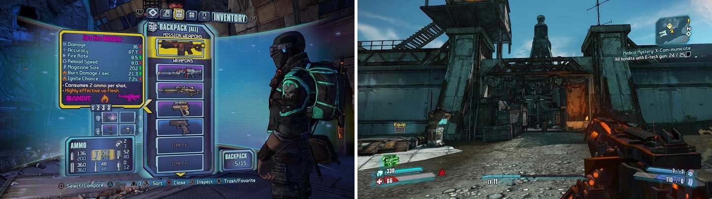 You have to use the mission weapon to get kills (left). If you run out of bandits, go to the entrance of the Southpaw Steam & Power (right) to find more.