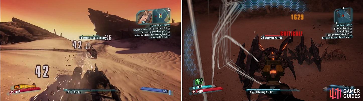 The majority of the enemies you will find in The Dust are bandit vehicles (left) and Spiderants (right).