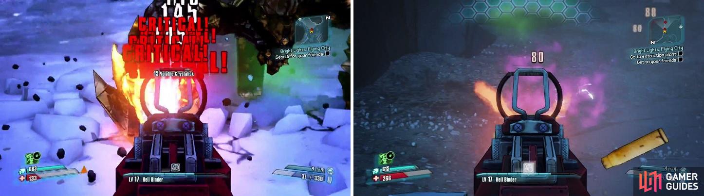 Hit the Crystalisks (left) on their legs to quickly kill them. Stalkers (right) are one of the more annoying enemies to deal with, since they can turn invisible if they have shield remaining.