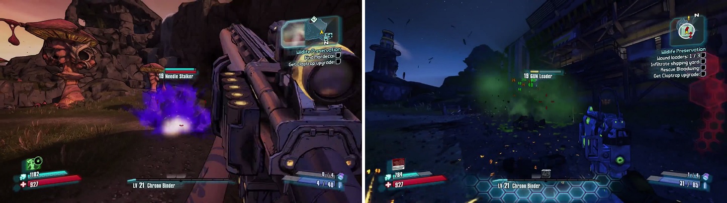 Mordecai will help you out by shooting slag shots with his sniper rifle during parts of the mission (left). Make sure you leave the GUN Loaders with a little bit of health (right) to open the one door.