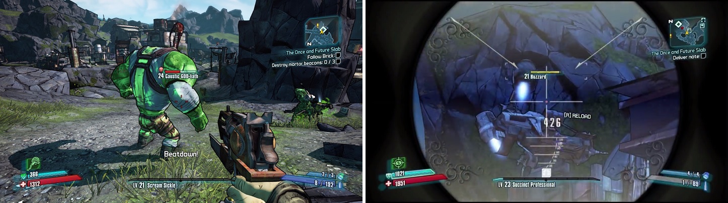 Caustic Goliaths (left) are like normal ones, except they are immune to corrosive damage. The Buzzards (right) can be annoying in this mission, so try to take them out first.